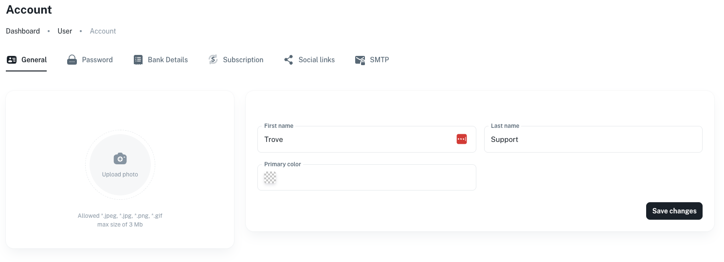 Account page General tab with logo, name, and primary colour fields