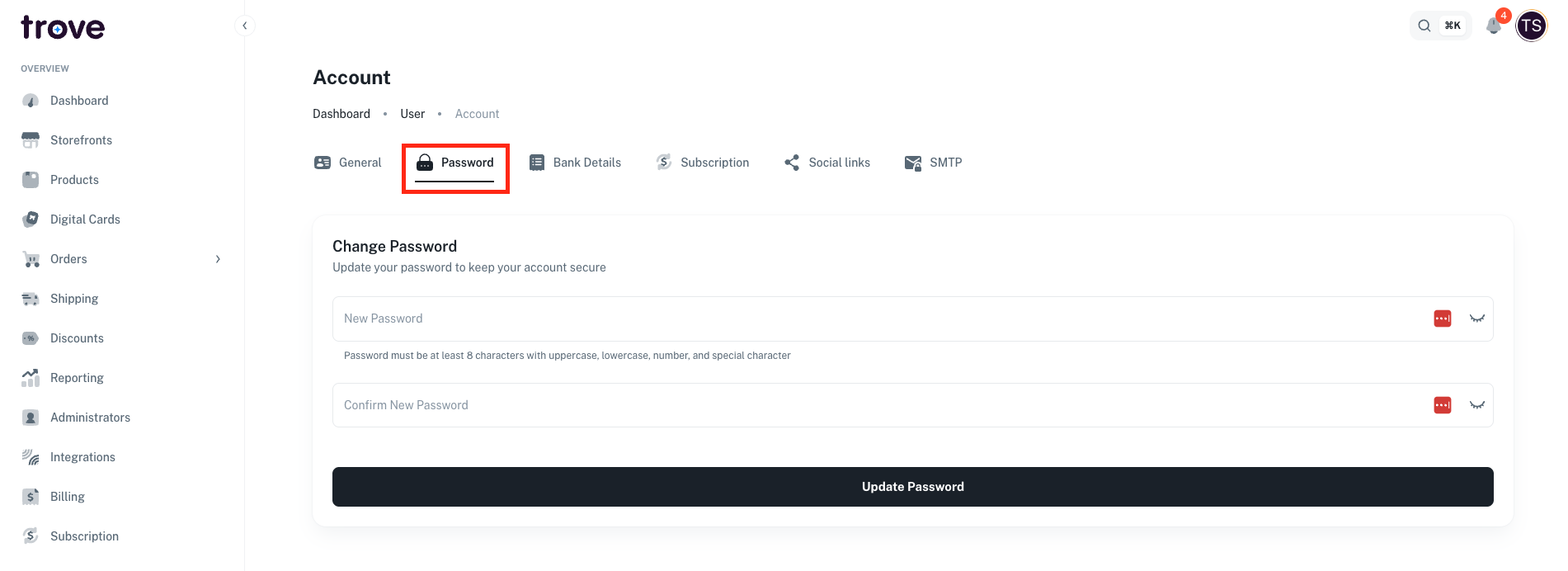 Account page Password tab with change password form