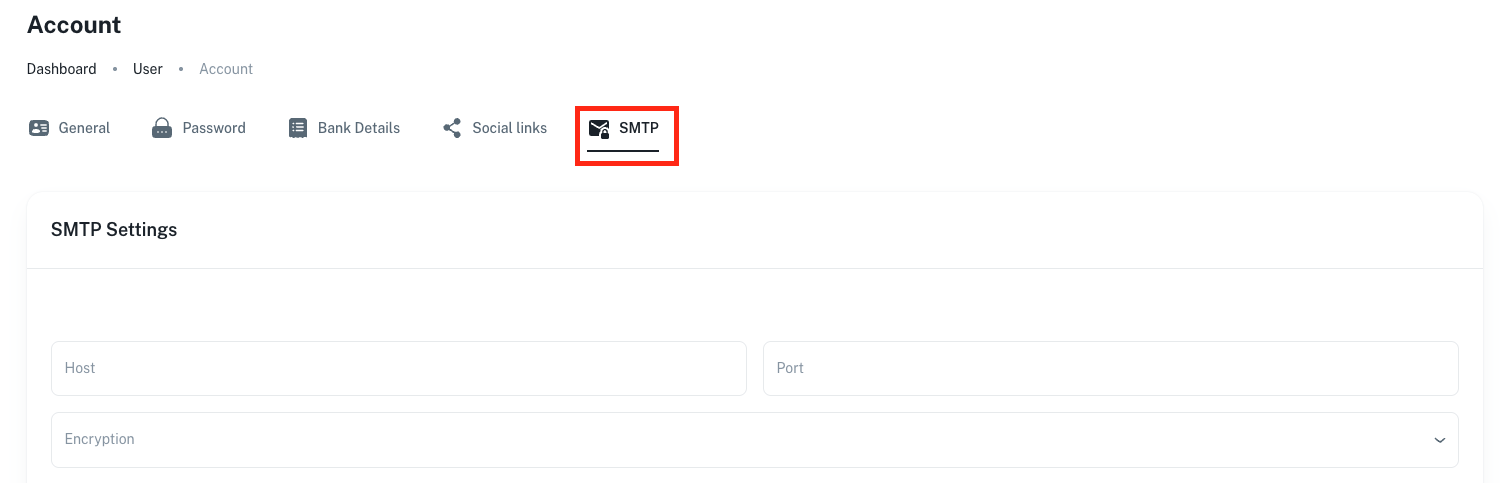 Account page SMTP tab with settings form