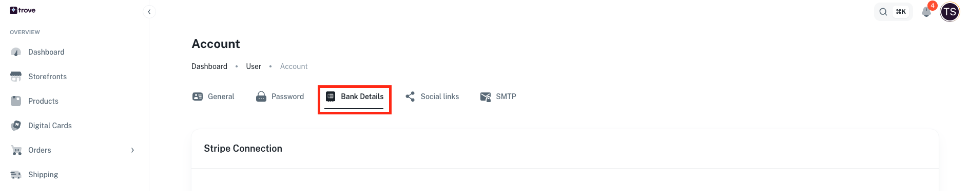 Account page with Bank Details tab highlighted