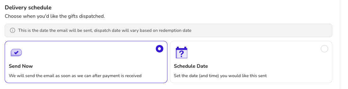 Delivery schedule note for e-gift delivery