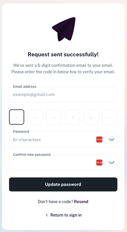 Password reset page with code entry and new password fields