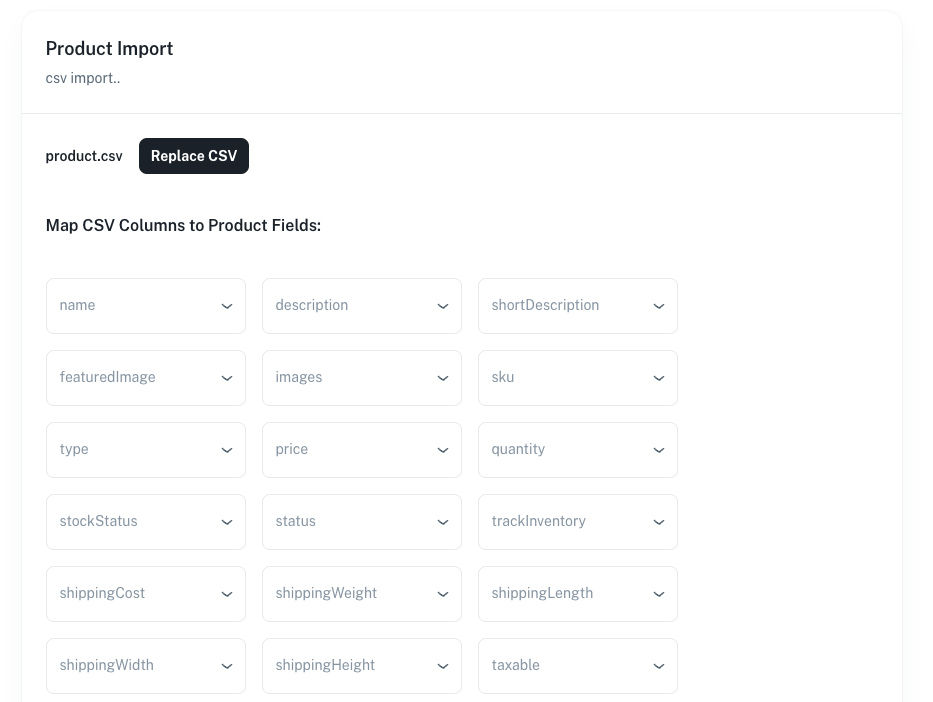 Product Import column mapping screen