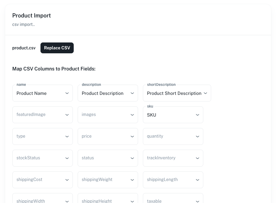 Product Import column mapping screen with fields matched