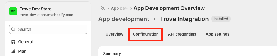 App configuration overview page