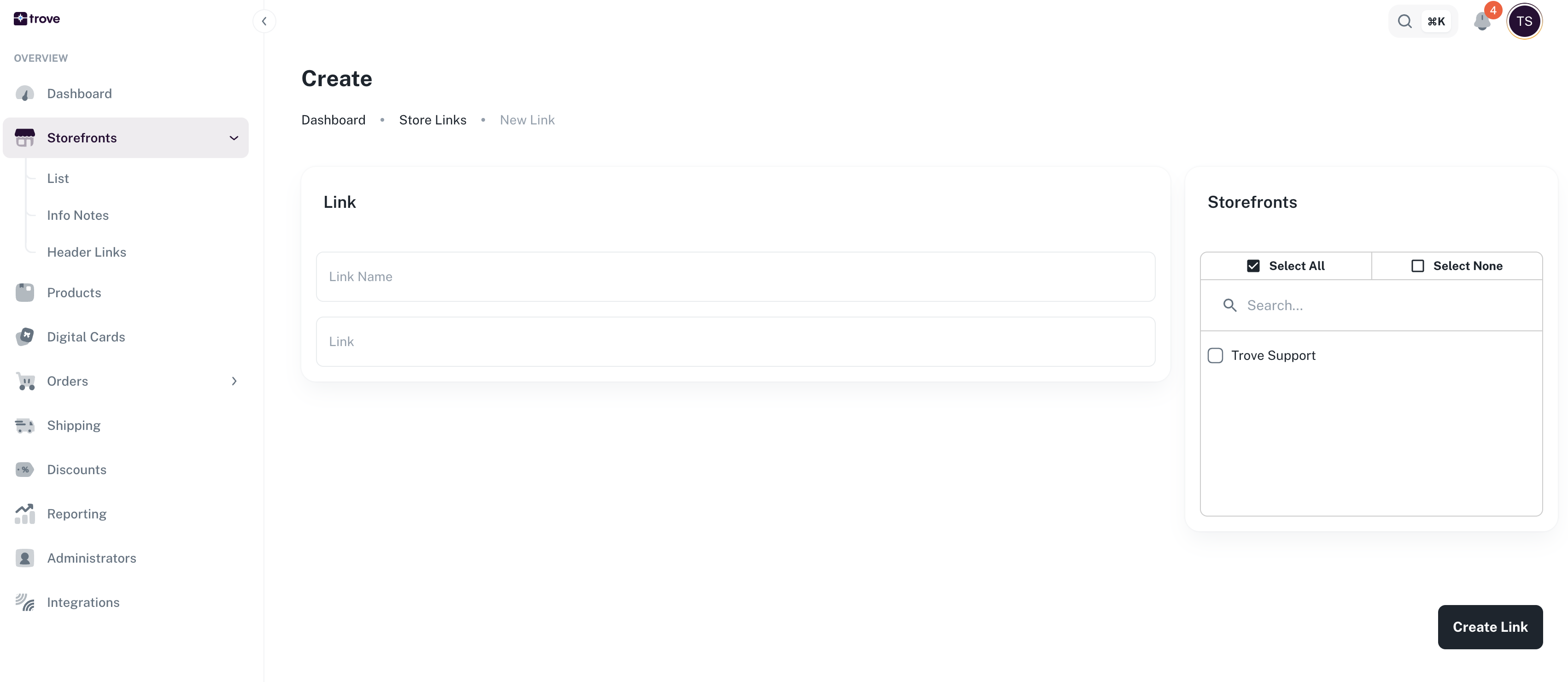 Create header link form