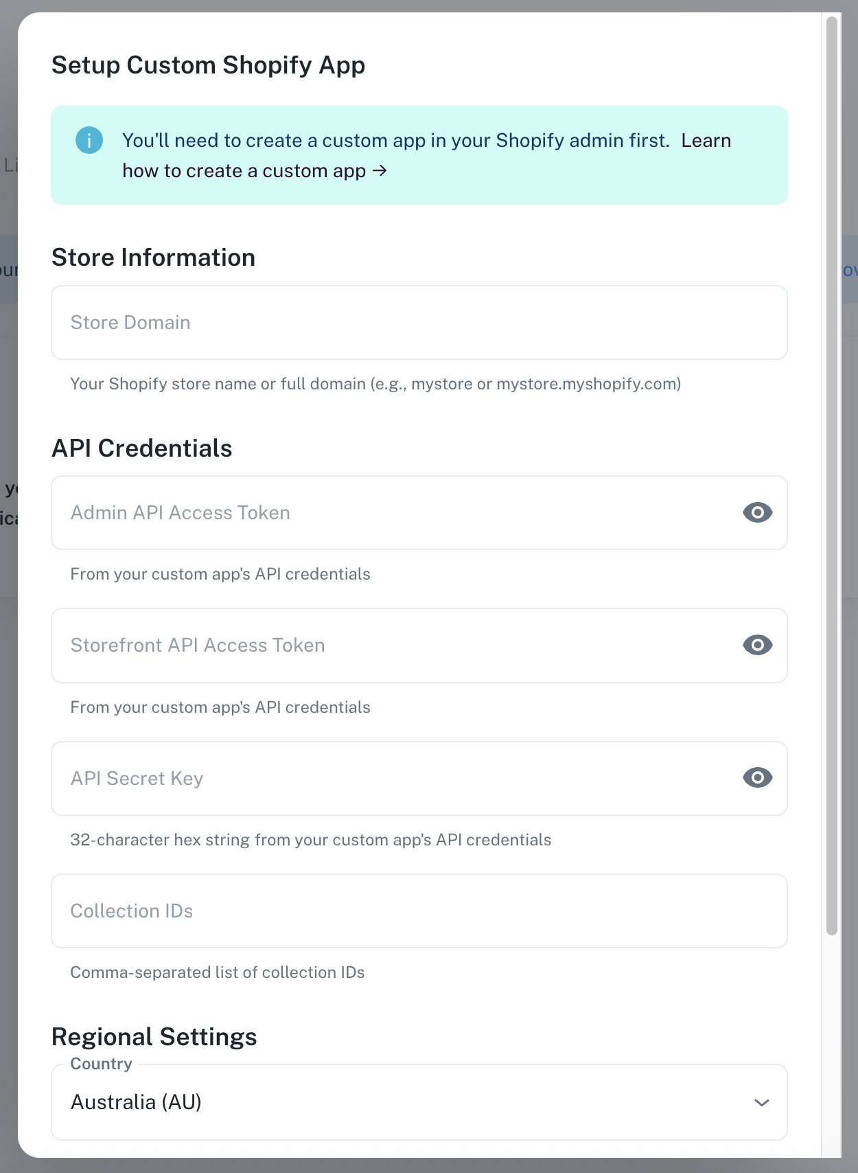 Custom app connection form