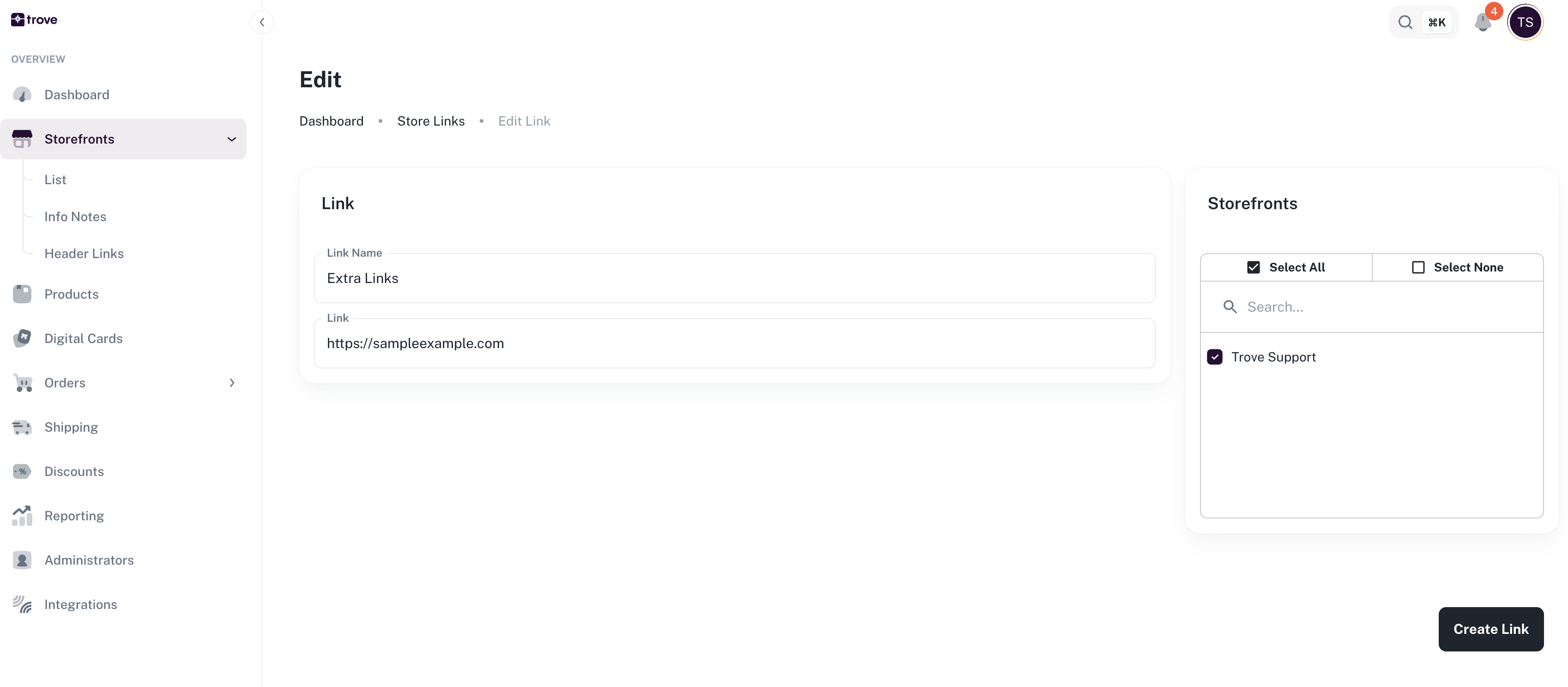 Edit header link form