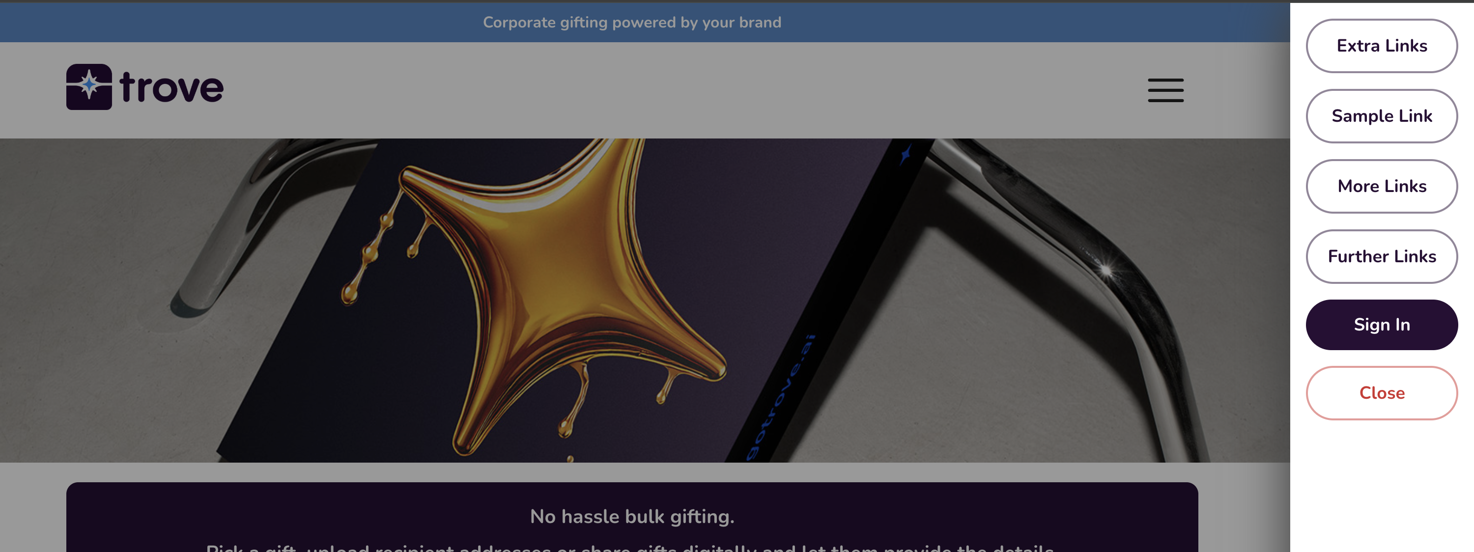 Expanded hamburger menu showing all the header links