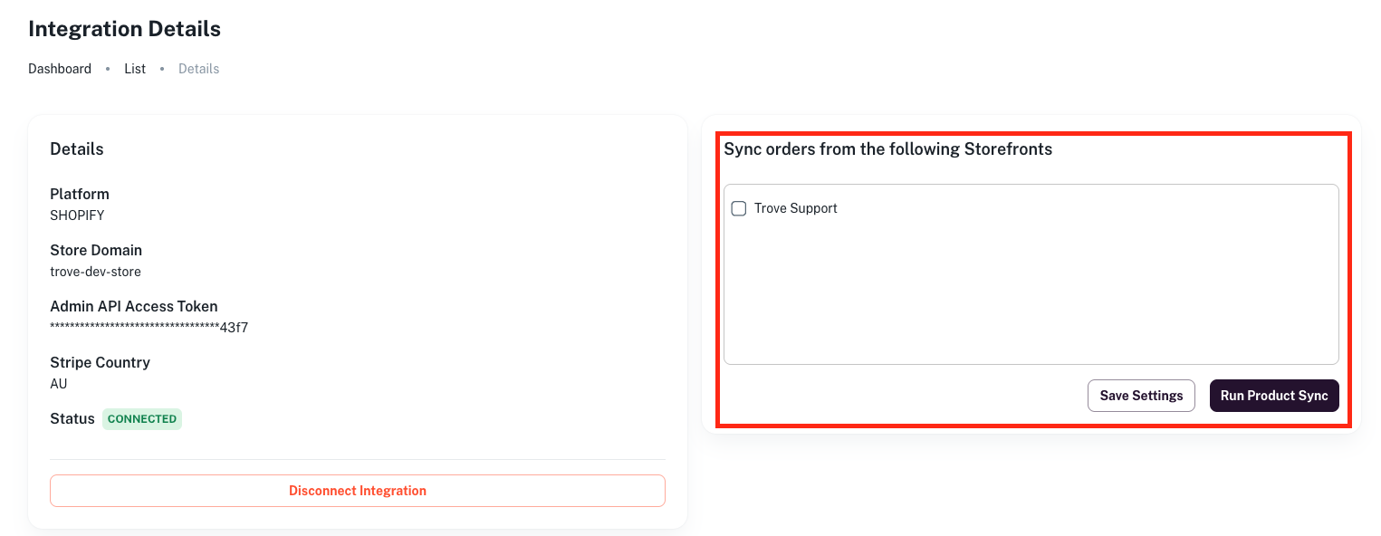 Integration details page with storefronts and Save Settings