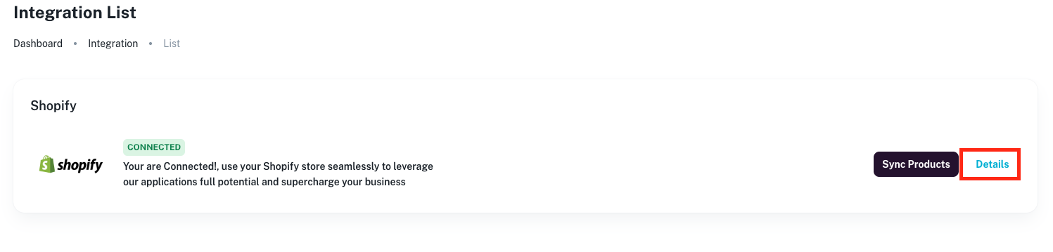 Integration list with Details button highlighted
