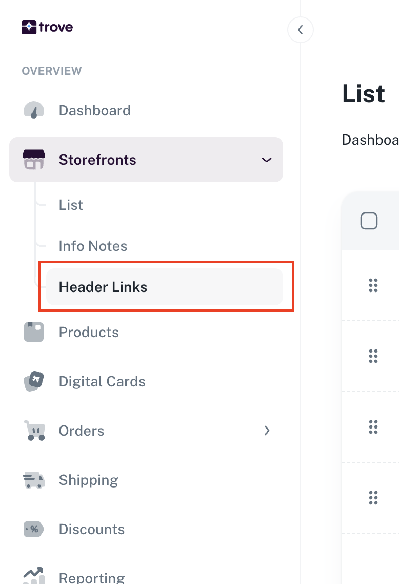 Storefronts menu with Header Links highlighted