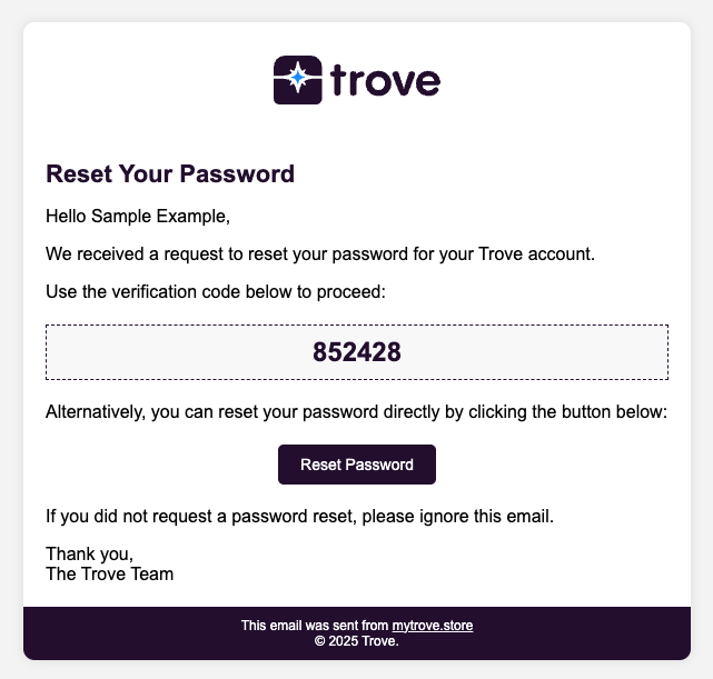 Reset your password email with verification code