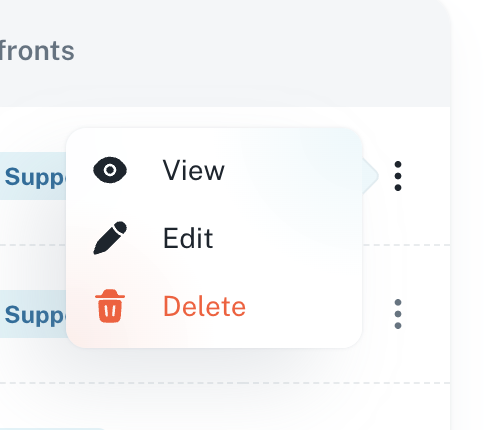 Row menu with View, Edit, and Delete options