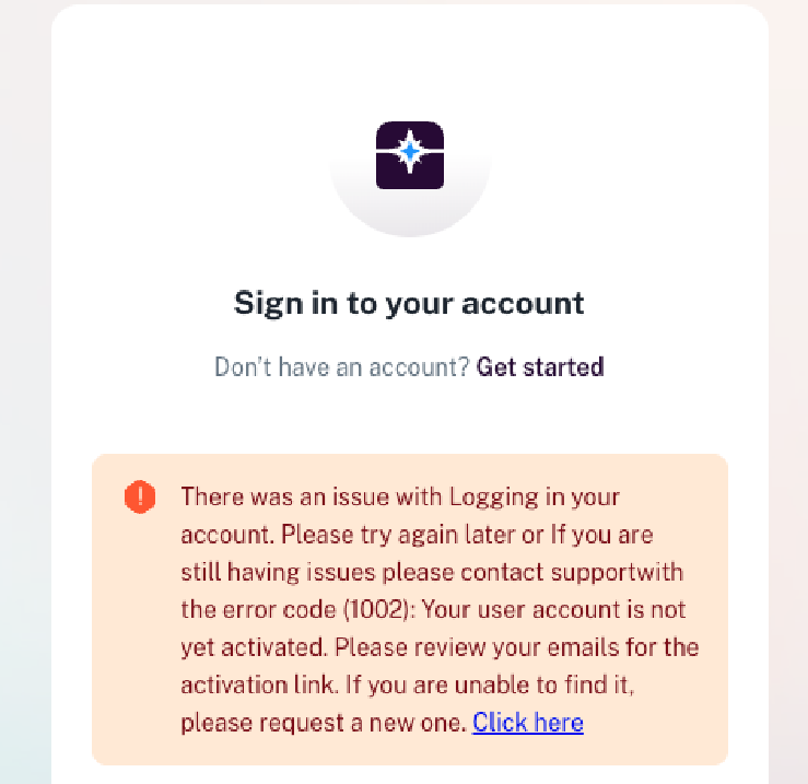 Sign in error showing account not yet activated