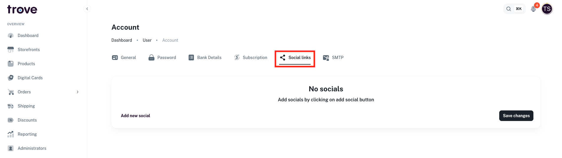 Account page Social links tab, no socials added yet