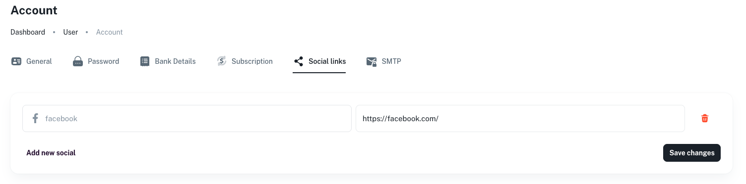 Account page Social links tab with a link filled in