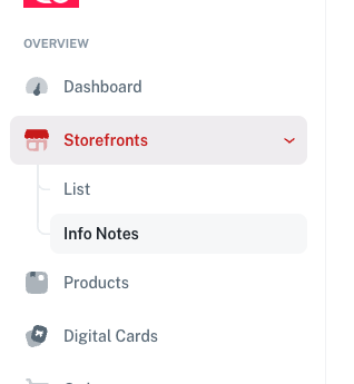 Navigating to Storefronts > Info Notes