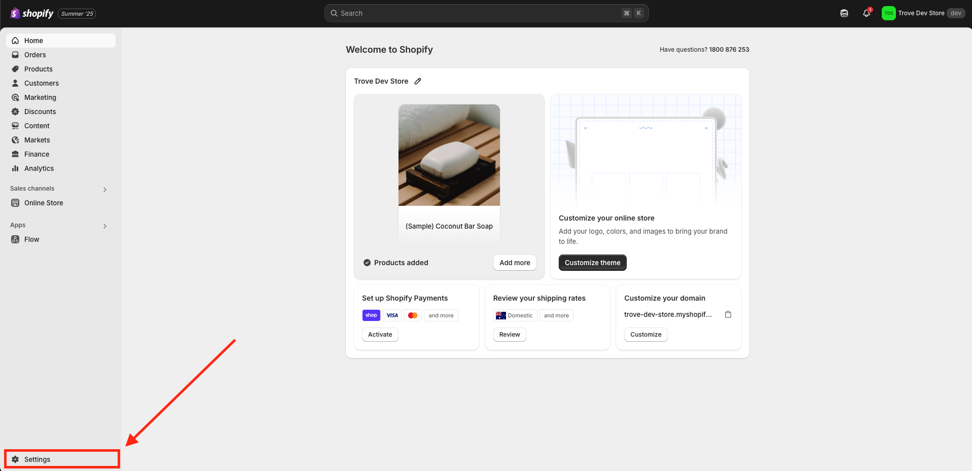 Shopify admin with settings highlighted in the bottom left