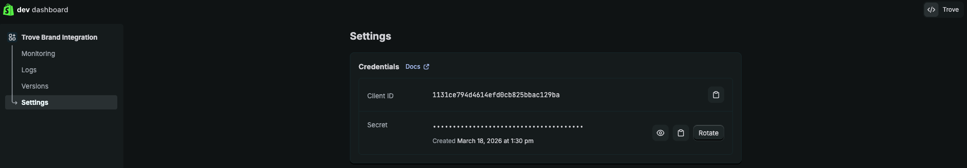 Settings page with API credentials