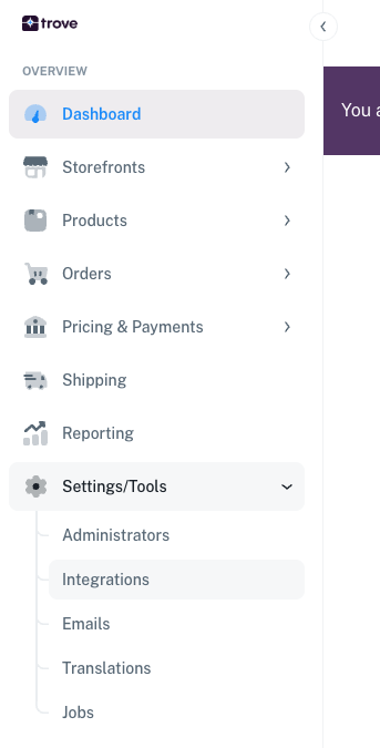 Trove navigation menu down to Settings/Tools > Integrations