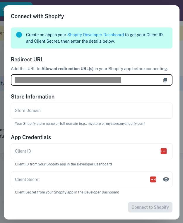 Popup form for Redirect URL, Store Domain, Client ID, and Client Secret