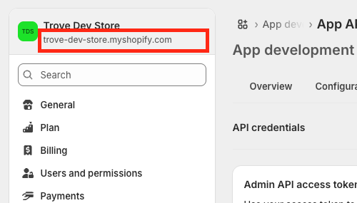 Shopify admin sidebar with the shop URL highlighted