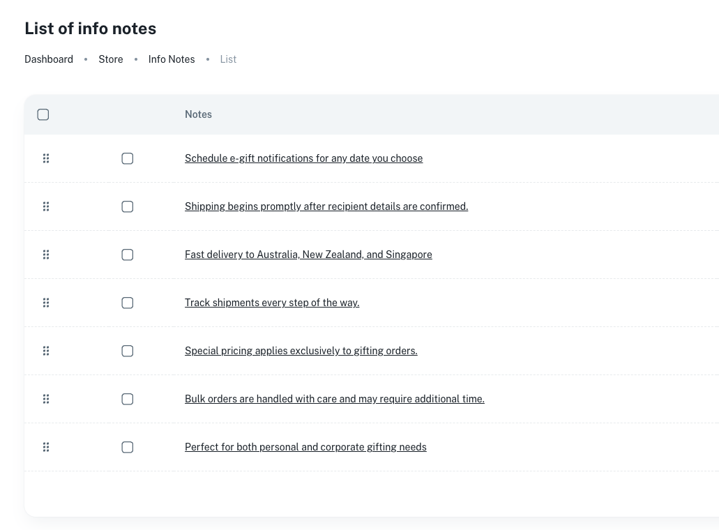 List of existing storefront info notes