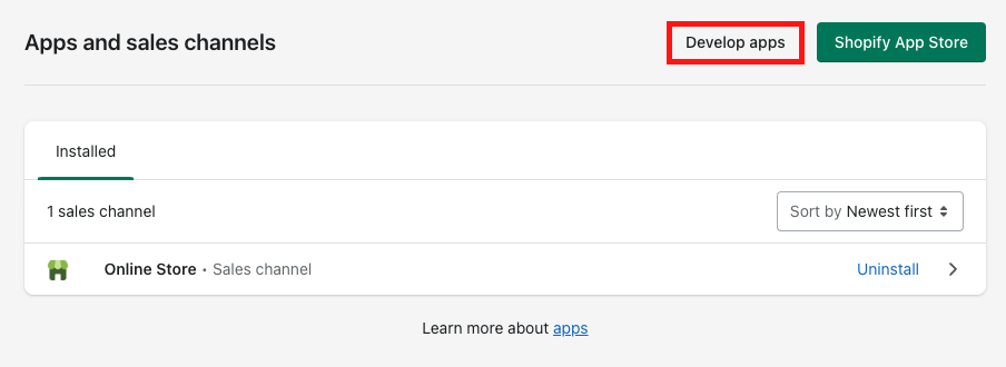 Apps and sales channels page with Develop apps highlighted