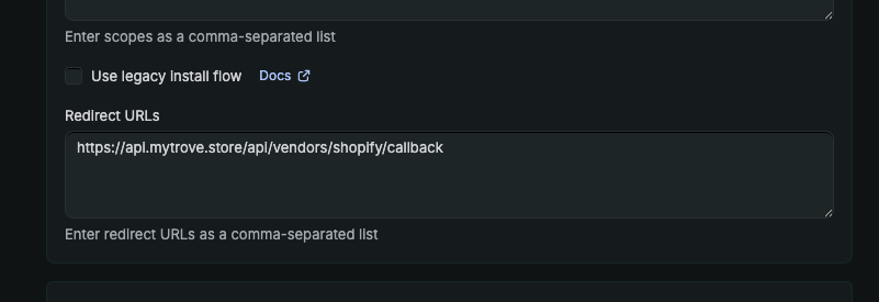 Redirect URLs field with the callback URL entered