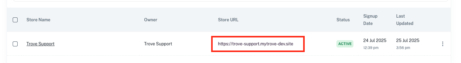 Storefront table with the Store URL column highlighted